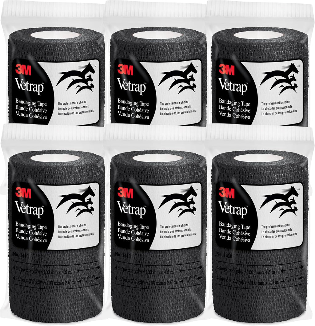 3M Vetrap 4 inch x 5 yard Self-Adherent Bandage Wrap - Black (Pack of 6 Rolls)