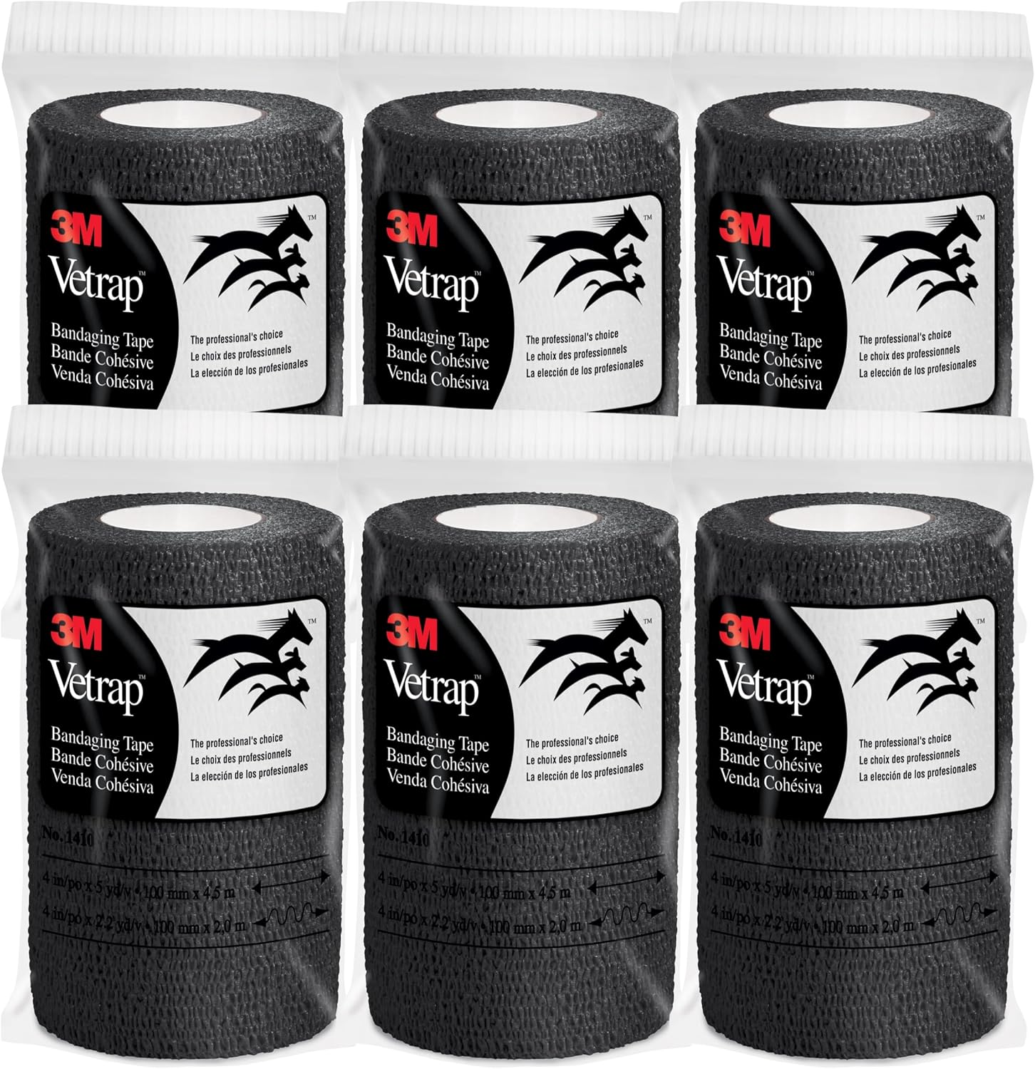3M Vetrap 4 inch x 5 yard Self-Adherent Bandage Wrap - Black (Pack of 6 Rolls)