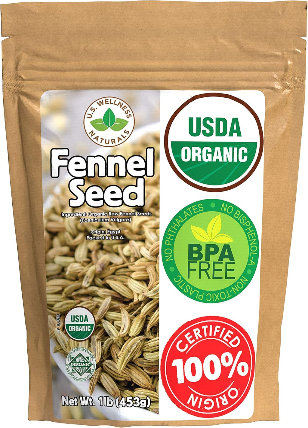 Fennel Seed 1LB (16Oz) 100% CERTIFIED Organic Egyptian Fennel Seed (Foeniculum vulgare), in 1 lbs. Bulk Resealable BPA-free Bag by U.S. Wellness Naturals