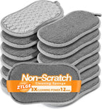 Multi-Purpose Scrub Kitchen Sponges – 12 Pack Dish Sponge, Dual-Sided Non-Scratch Microfiber & Metal Scrubber, Reusable Sponges for Dishes, Pots, Glass, Sink, Stovetop & Bathroom (Gray)