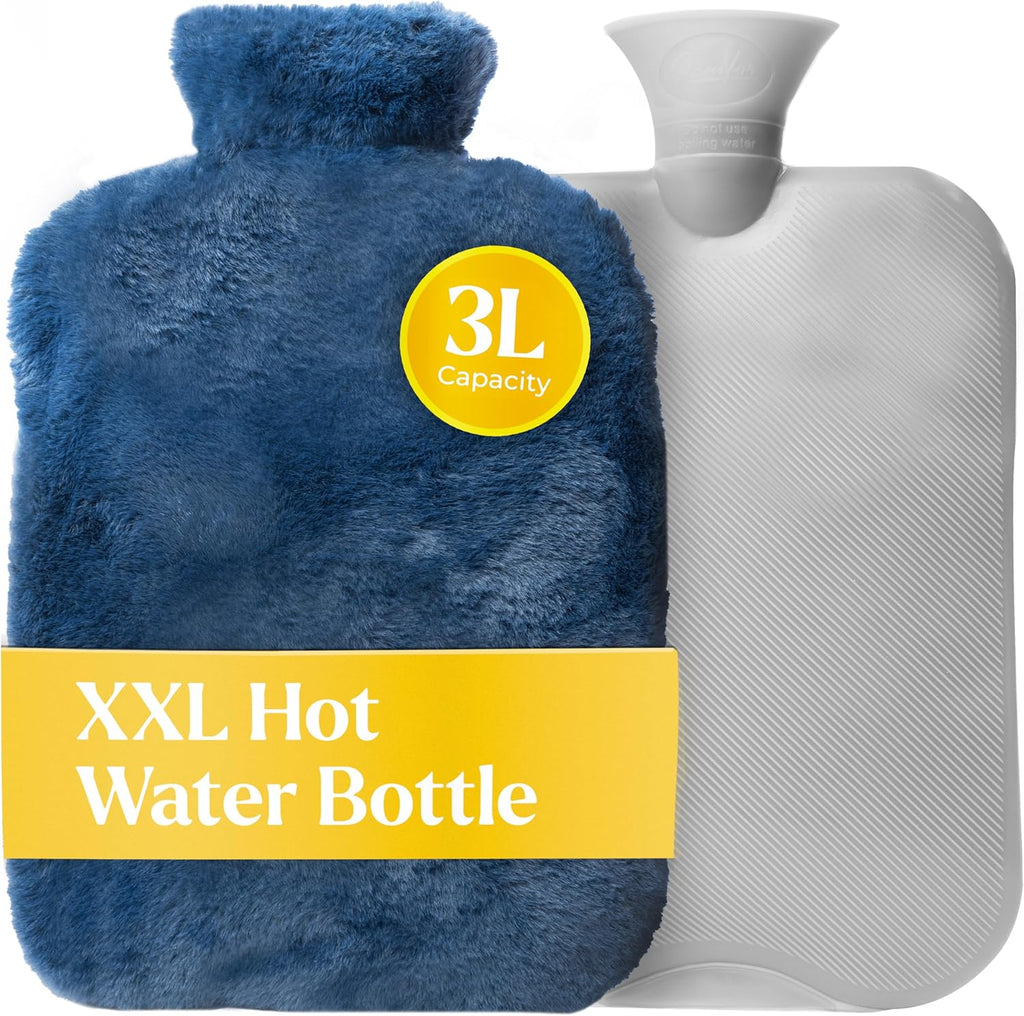 Qomfor XXL Large Hot Water Bottle with Faux Fur Cover – Cozy 3L Hot Water Bottle for Bed Warming, Pain Relief, Cramps & Back Pain – Durable, Safe, & Long-Lasting Water Hot Bottle for Sleeping (Blue)