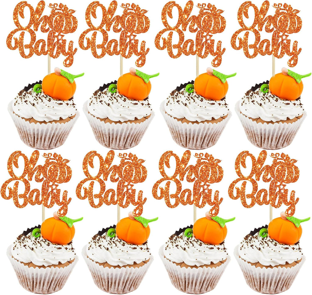 Gyufise 24Pcs Pumpkin Oh Baby Cupcake Toppers Glitter Fall Theme Cupcake Picks Baby Shower Cake Decorations for Pumpkin Theme Gender Reveal Kids Birthday Party Supplies Orange