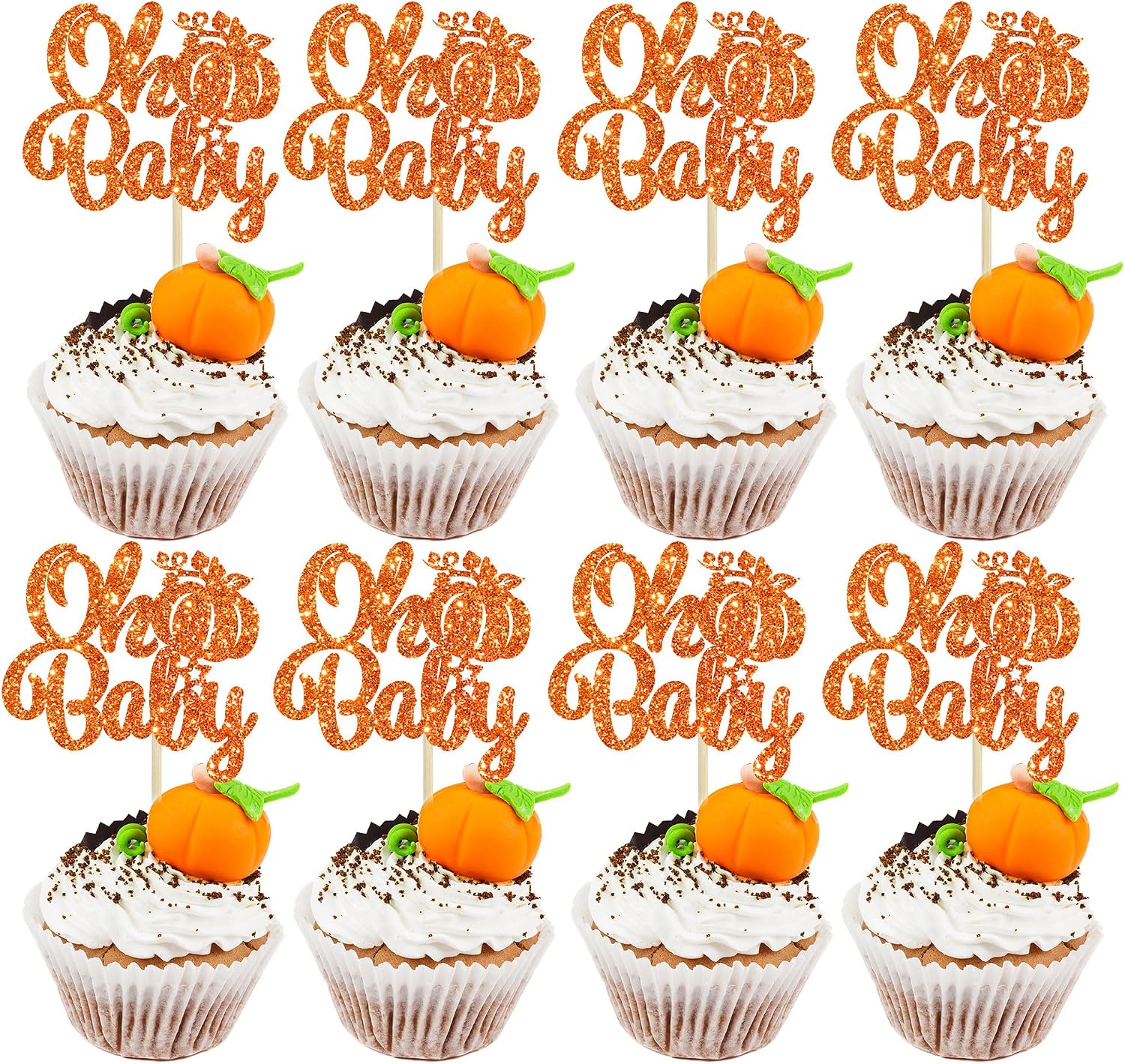 Gyufise 24Pcs Pumpkin Oh Baby Cupcake Toppers Glitter Fall Theme Cupcake Picks Baby Shower Cake Decorations for Pumpkin Theme Gender Reveal Kids Birthday Party Supplies Orange
