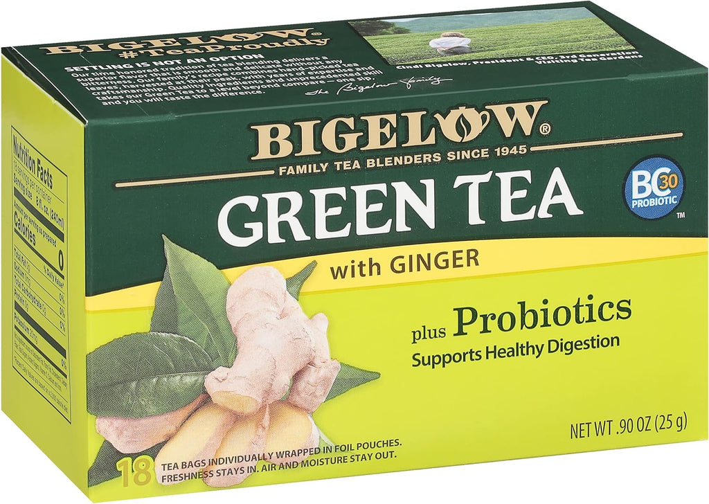 Bigelow Tea Green Tea with Ginger Plus Probiotics, Caffeinated Tea with Ginger, 18 Count Box, (Pack of 6), 108 Total Tea Bags
