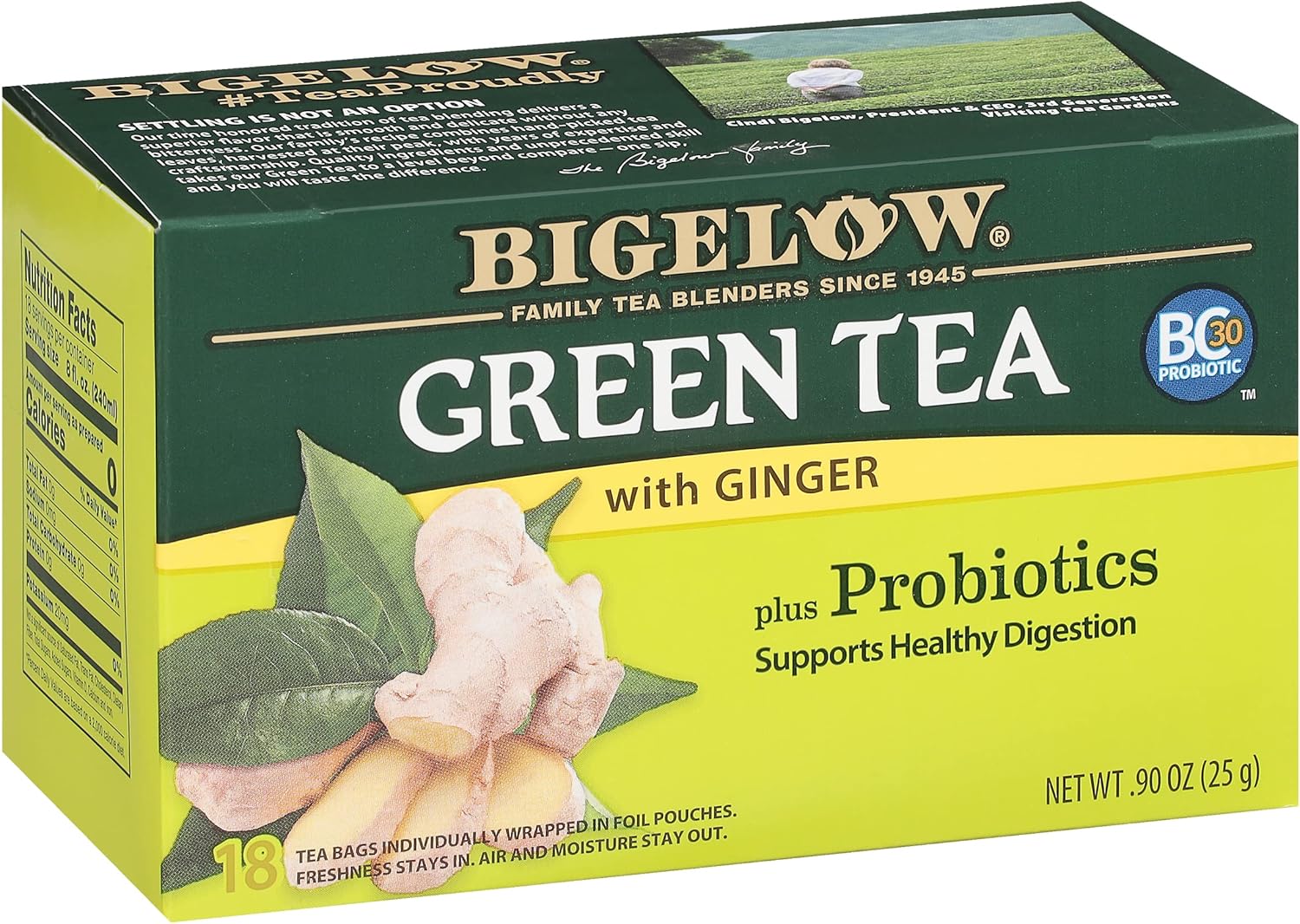 Bigelow Tea Green Tea with Ginger Plus Probiotics, Caffeinated Tea with Ginger, 18 Count Box, (Pack of 6), 108 Total Tea Bags