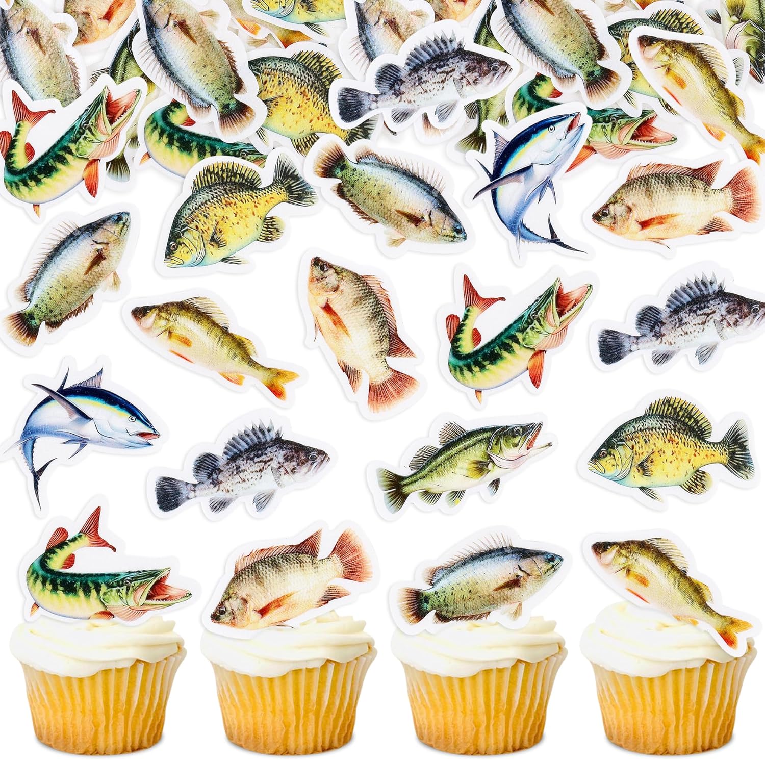 40pcs Edible Fish Cupcake Toppers Go Fishing Theme Decorations Baby Shower Boys Girls Happy Birthday Party Tropical Party Cake Picks Under The Sea Decoration Supplies