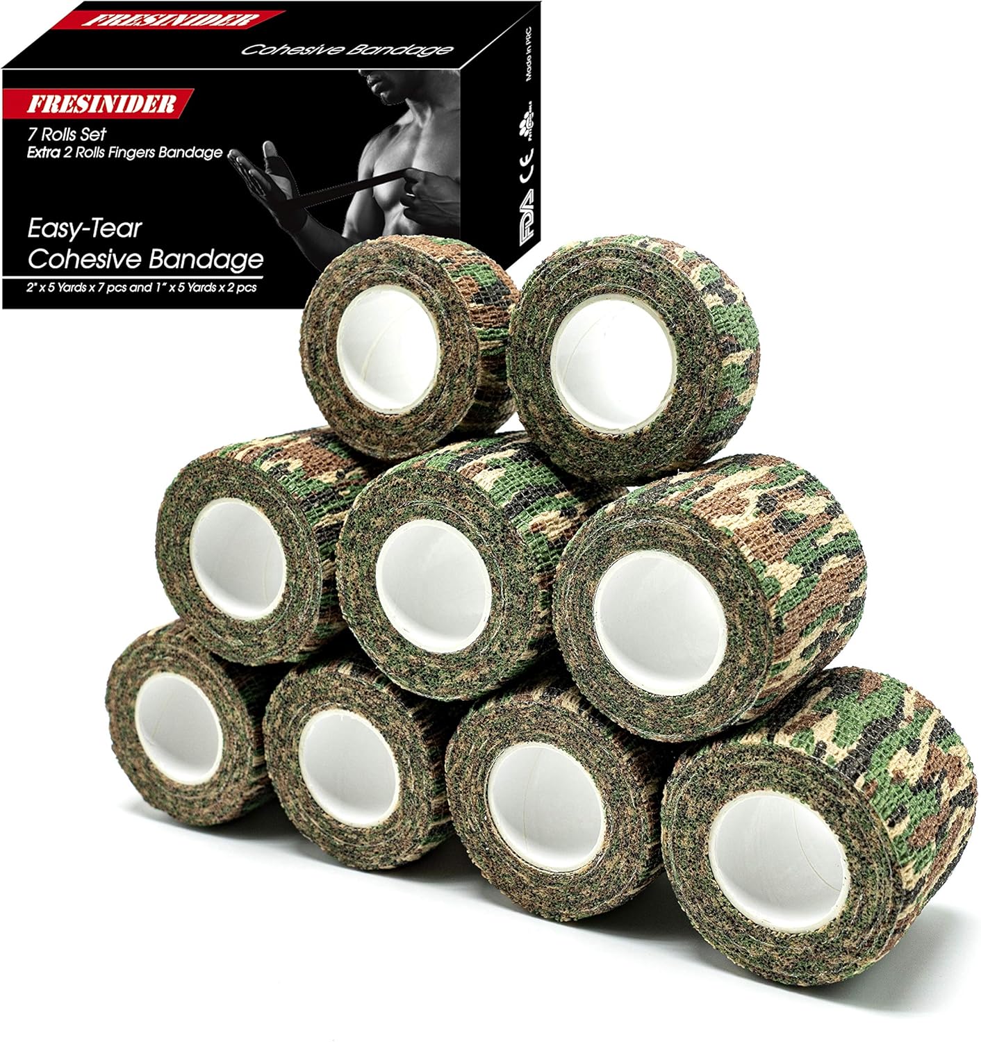 FRESINIDER 9 Rolls Self Adhesive Wrap Athletic Tape Gauze, Breathable Elastic Cohesive Bandage for Sports Injury & Pet (7 Pcs 2" x 5 Yards + 2 Pcs 1" X 5 Yards) (Asian Tiger Camo)