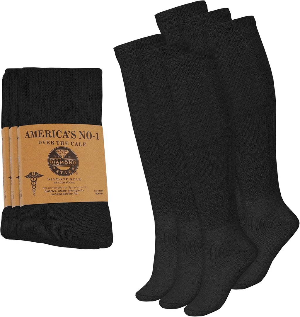 Diamond Star 6 Pairs Diabetic Knee High Socks for Men – Over the Calf Cotton Socks, Non-Binding Comfortable Fit – Men’s Shoe Size 9–12 (6 Pairs Black)