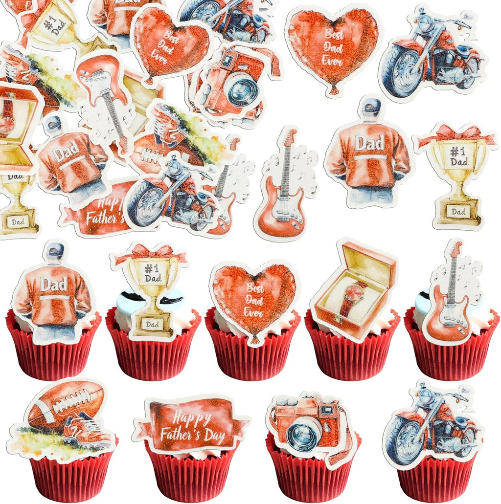 Gyufise 54Pcs Edible Happy Father's Day Cupcake Toppers Wafer Paper Moto Camera Love Dad Cake Toppers Edible Best Dad Ever Cupcake Picks for Father Day Theme Birthday Party Cake Decorations Red