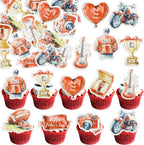 Gyufise 54Pcs Edible Happy Father's Day Cupcake Toppers Wafer Paper Moto Camera Love Dad Cake Toppers Edible Best Dad Ever Cupcake Picks for Father Day Theme Birthday Party Cake Decorations Red