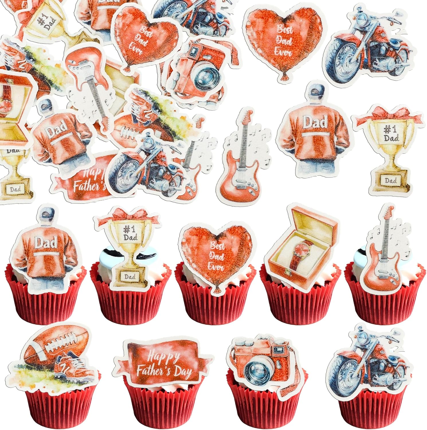 Gyufise 54Pcs Edible Happy Father's Day Cupcake Toppers Wafer Paper Moto Camera Love Dad Cake Toppers Edible Best Dad Ever Cupcake Picks for Father Day Theme Birthday Party Cake Decorations Red