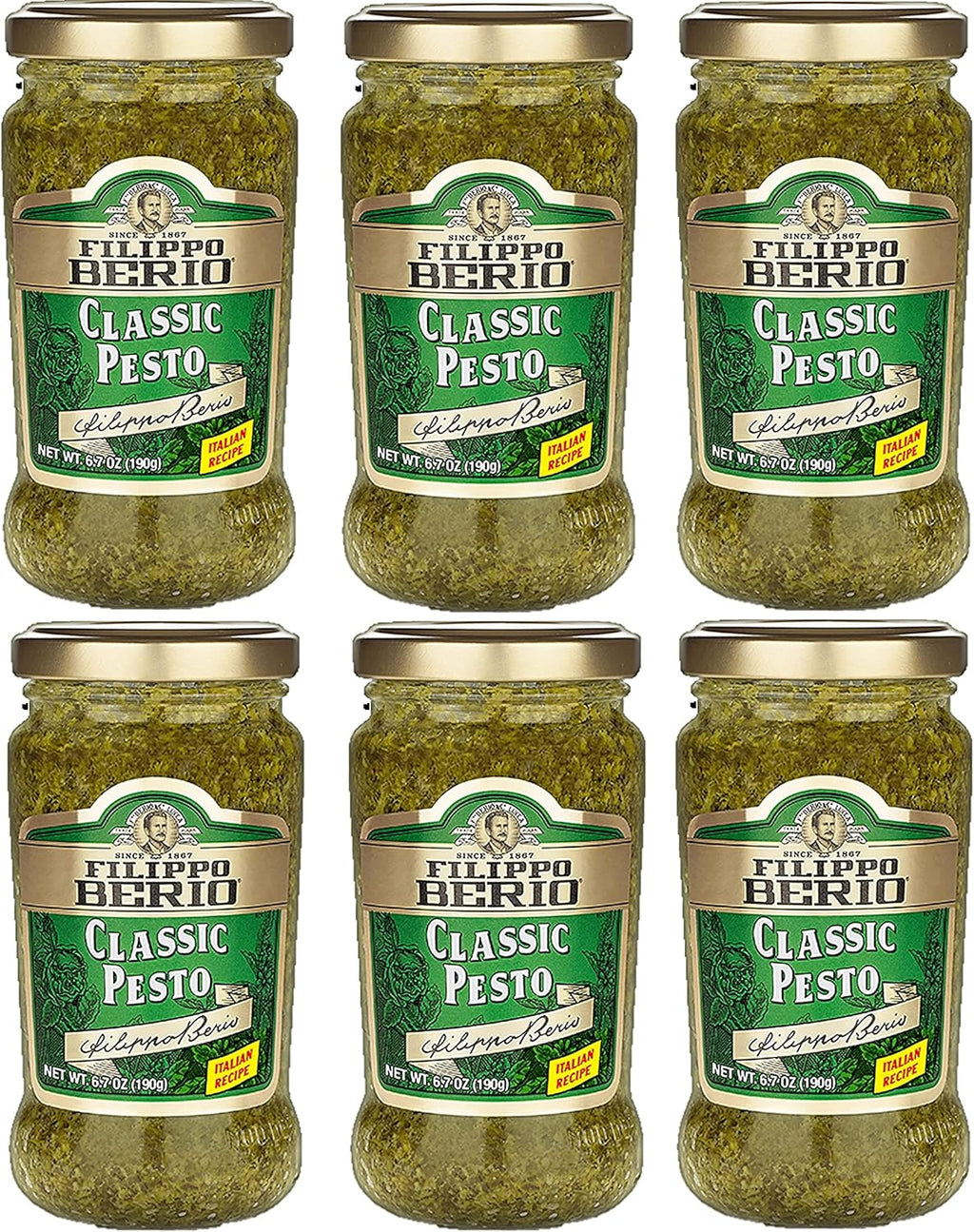 Filippo Berio Pesto, Classic Basil, 6.7 Ounce Glass Jar, Pack of 6
