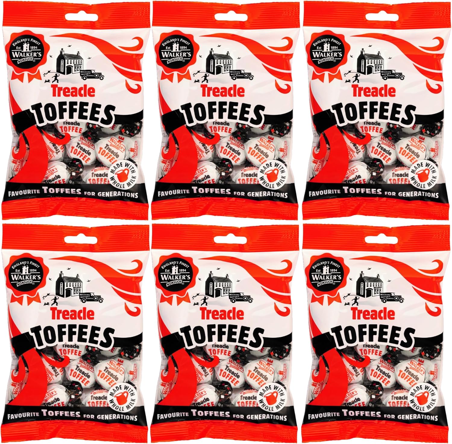 Walkers Nonsuch Treacle Toffees Bag 5.29 oz (Pack of 6) - Chewy Black Treacle English Toffee Candy, Traditional English Sweets, Gluten Free British Butter Candy, Imported from UK