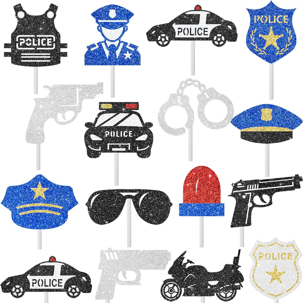 24pcs Glitter Police Party Cupcake Toppers Policeman Birthday Party Decorations Police Theme Cupcake Picks for Police Officer Birthday Party Baby Shower Supplies