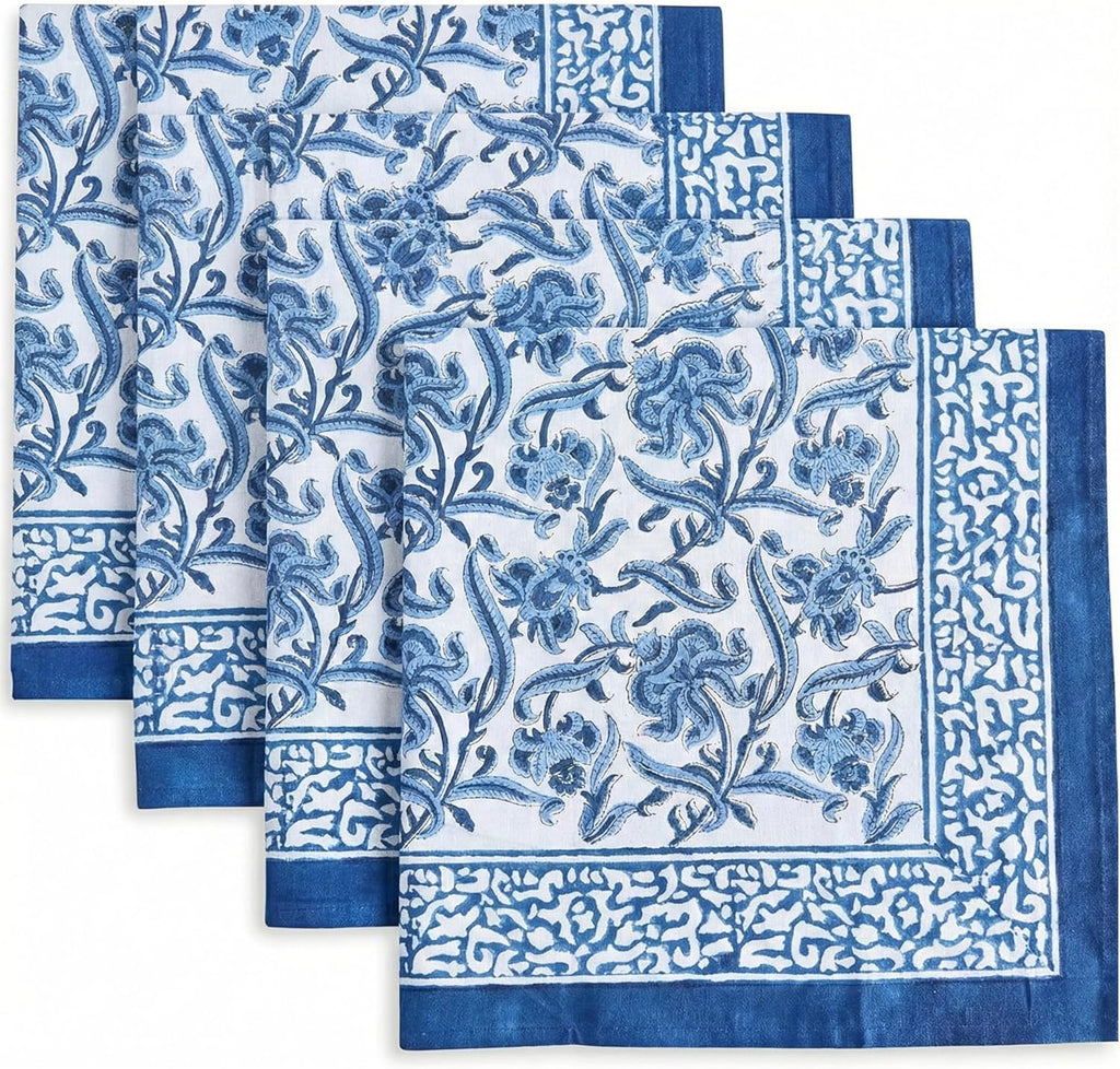 ATOSII Midnight Bloom Blue 100% Cotton Cloth Napkins, Hand Block Floral Print Designer Table Linen, Perfect for Dinners, Weddings, Cocktails, Parties I 20 X 20 Inches I Set of 4 I