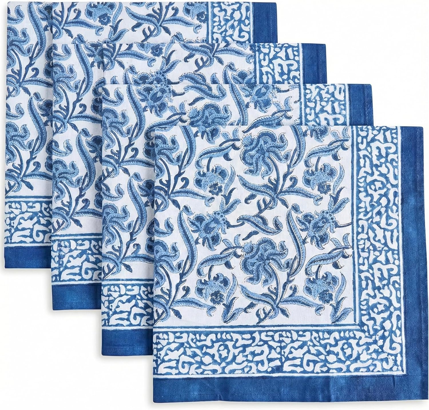 ATOSII Midnight Bloom Blue 100% Cotton Cloth Napkins, Hand Block Floral Print Designer Table Linen, Perfect for Dinners, Weddings, Cocktails, Parties I 20 X 20 Inches I Set of 4 I