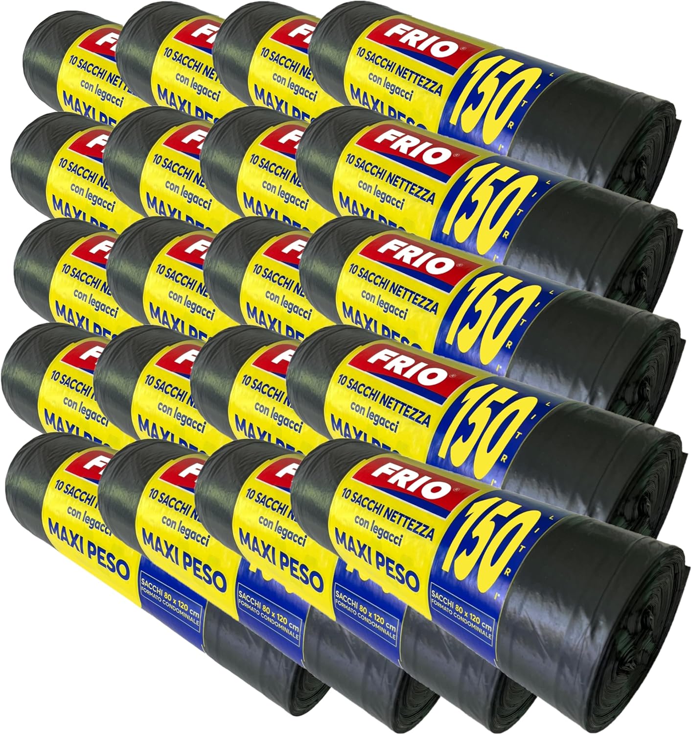 FRIO 200 Large Black Rubbish Bags, 150 Litres, Bin Liners for Community Rubbish, Storage Pack for Waste Separation Bin, with Sealing Ties, 80 x 120 cm, Multilayered, Tear-Resistant