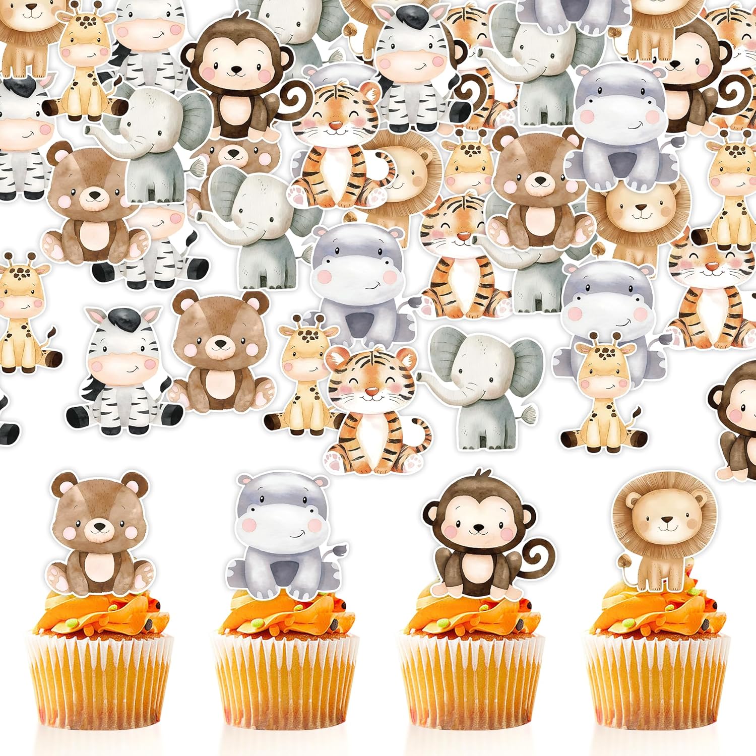 48Pcs Edible Jungle Safari Animal Cupcake Toppers Wafer Paper Safari Animals Cake Toppers Kids Baby Shower Birthday Party Decoration Supplies