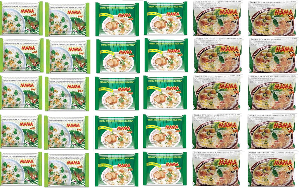 Mama Oriental Style instant noodles Mix Flavor Bundle Package Total 30 Packs (3 Flavor Clear Soup Mix (Flat Noodle, Rice Vermicelli, and Chand Noodle) 3 Flavor 10 bag each total 30 bags