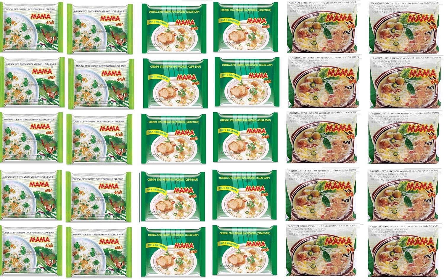 Mama Oriental Style instant noodles Mix Flavor Bundle Package Total 30 Packs (3 Flavor Clear Soup Mix (Flat Noodle, Rice Vermicelli, and Chand Noodle) 3 Flavor 10 bag each total 30 bags