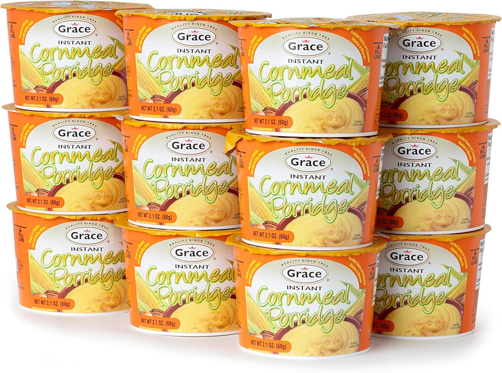 Grace Instant Cornmeal Porridge 12 Pack- 2.1oz Each - Jamaican Hot Cereal - Quick Breakfast Mix - Ready in Minutes