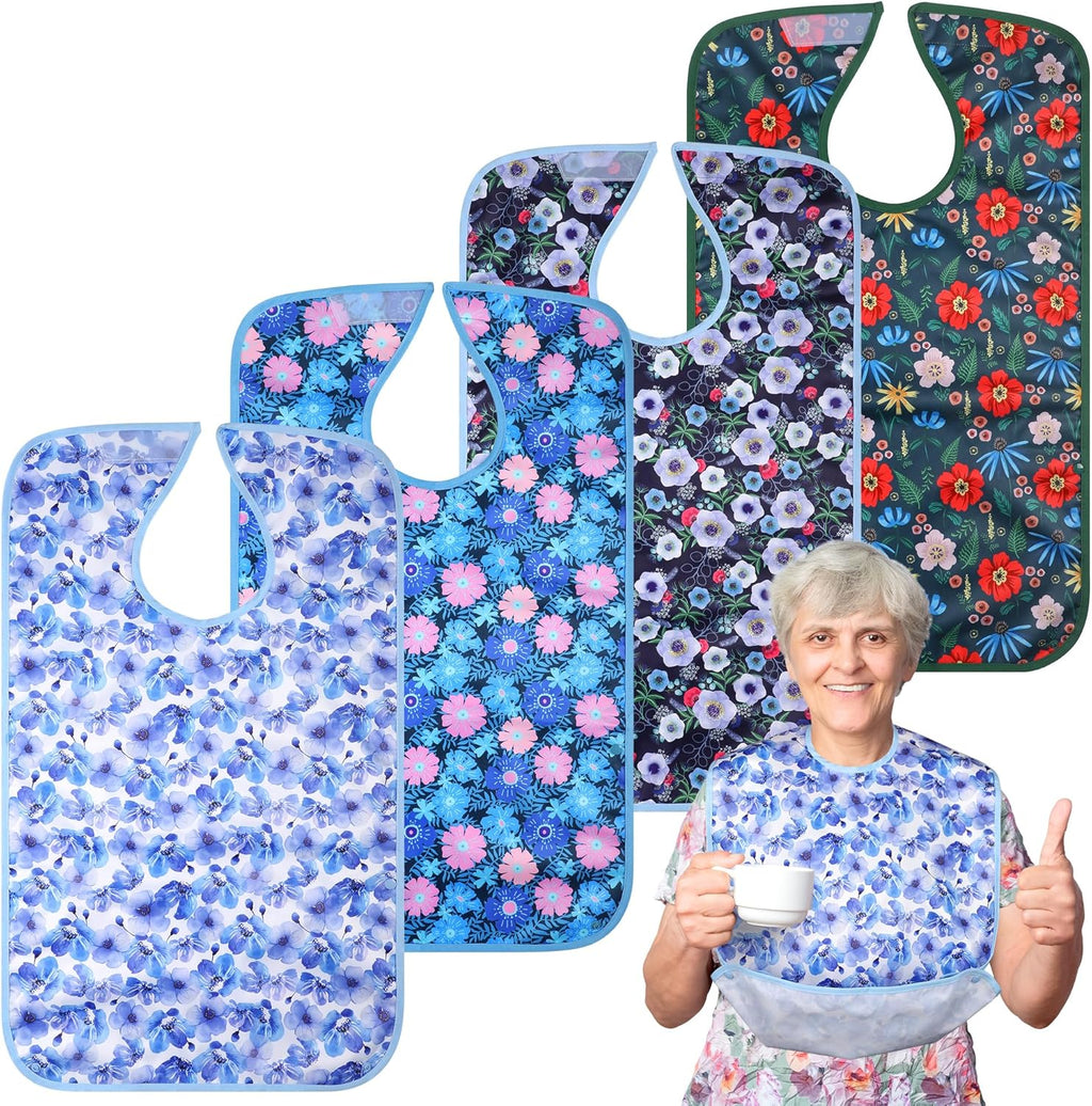 4 Pack Adult Bibs for Women, Reusable Waterproof Large Feeding Adult Bibs, Eating Cloth for Elderly Seniors and Disabled, Blue Flower