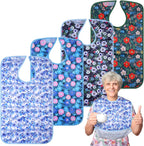 4 Pack Adult Bibs for Women, Reusable Waterproof Large Feeding Adult Bibs, Eating Cloth for Elderly Seniors and Disabled, Blue Flower