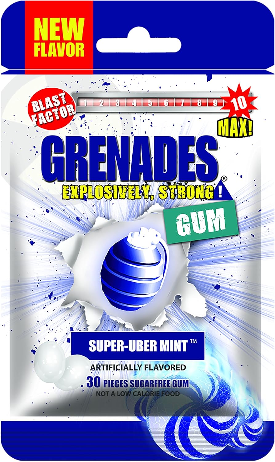 Grenades Gum - 30ct Bag - STRONG MINT GUM (Super-Uber Mint) - Ultimate Fresh Breath & Serious Nose Blasting Power - Sugar-Free Chewing Gum