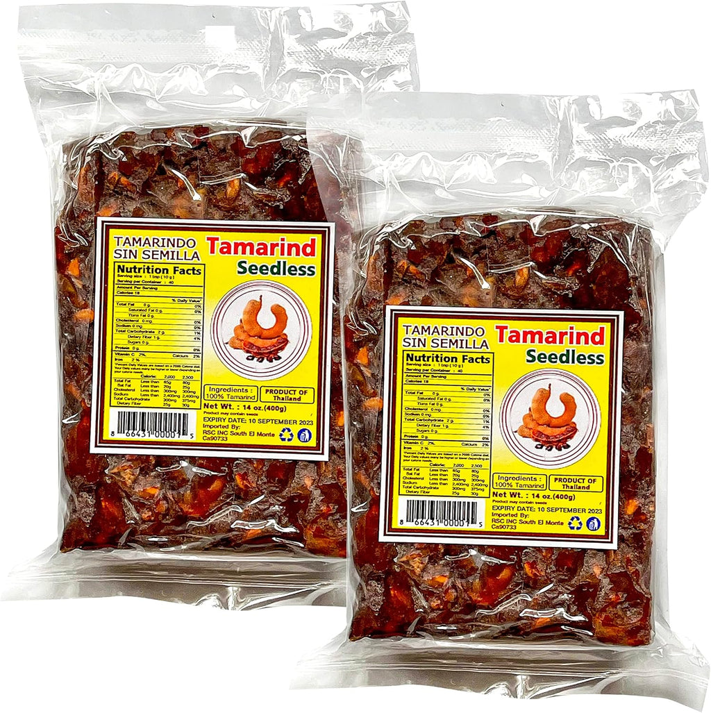 (2 Pack) Tamarind Wet Seedless Block/Slab 14oz (400g) All Natural No added sugar Vegan Gluten Free Seedless, Pulpa de Tamarindo Natural Sin Semilla, 14 oz