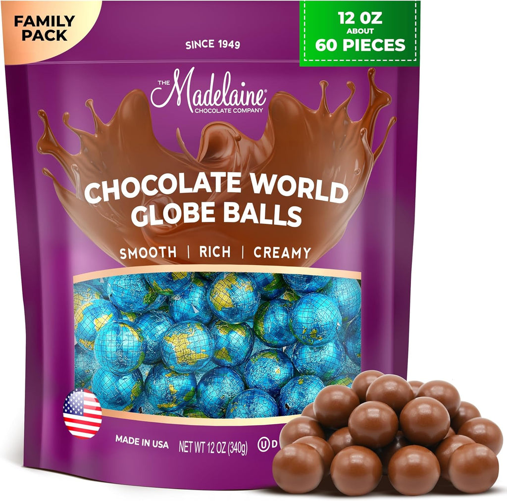Madelaine Chocolate Premium Milk Chocolate World Globe Balls - 12 oz Bag Individually Wrapped Candy Foil Map of the World for Earth Day, Memorial Day & World-Themed Parties