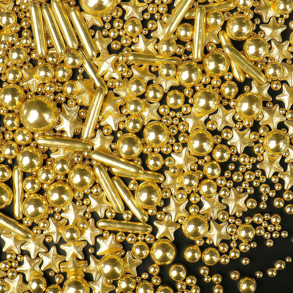 Gold Sprinkles for Cake Decorating, 4.6oz Edible Star Sprinkles with Sugar Pearls and Rods, Candy Baking Decorations, Ice Cream Toppings and Cookie Decorating, Wedding Party Valentines Supplies