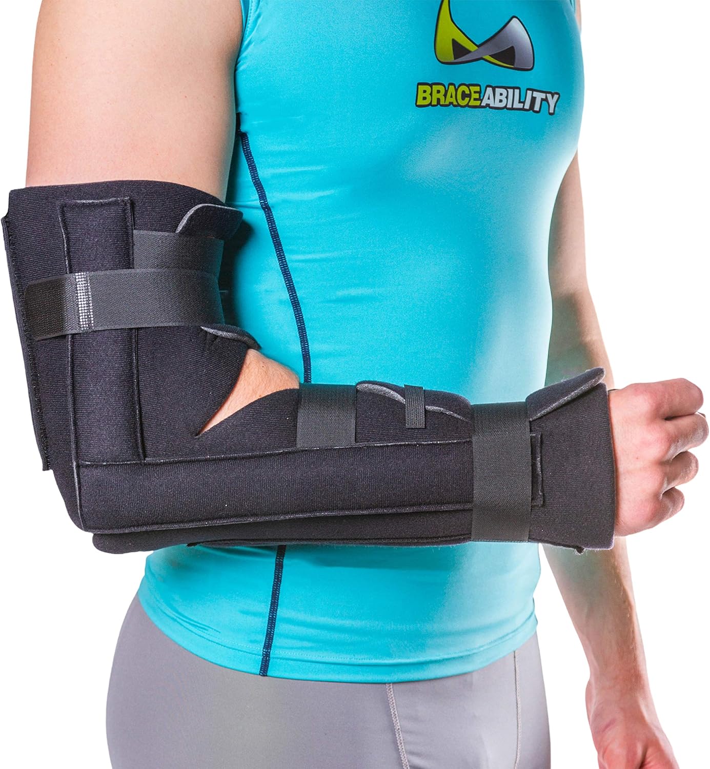 BraceAbility Elbow Immobilizer Brace | Removable Long Arm Cast and Soft Forearm Orthosis Splint for Broken Supracondylar, Distal Humerus, Proximal Ulna Fracture or Olecranon Bursitis (L/XL)