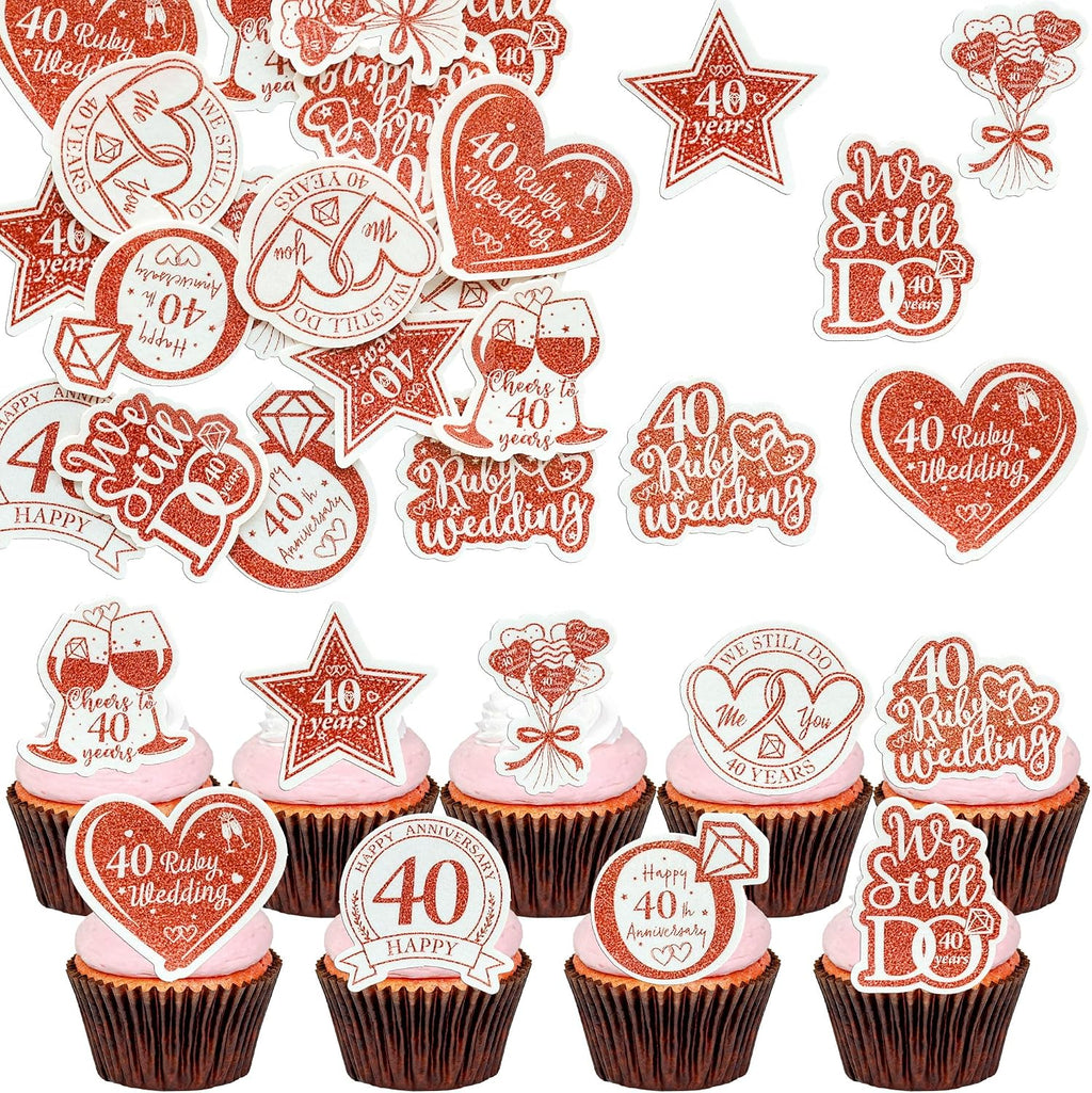 Gyufise 54Pcs Edible 40th Anniversary Cupcake Toppers Ruby Happy Wedding Glutinous Rice Paper Cheers to 40 Years We Still Do Picks Party Cake Decorations Supplies