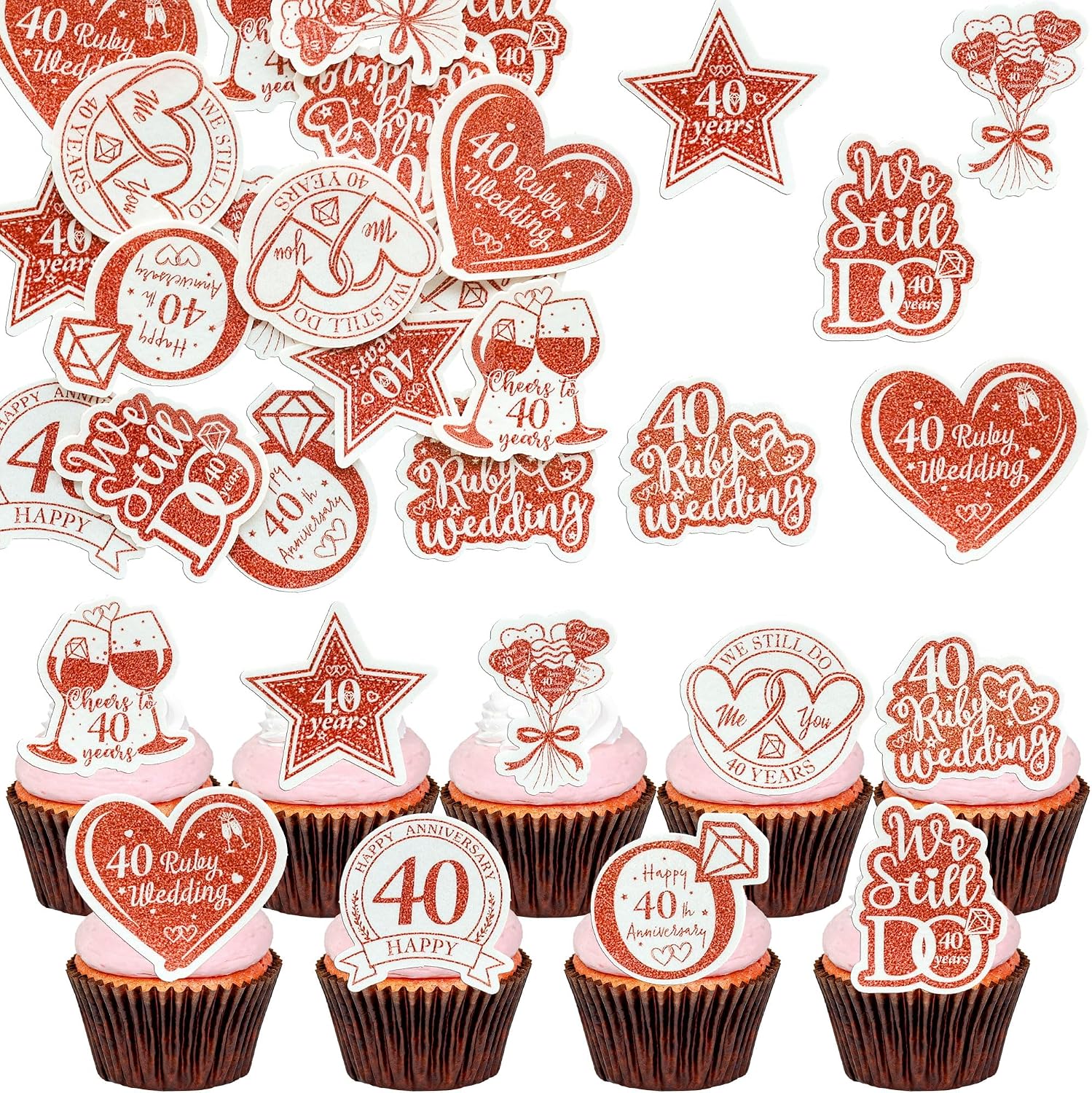 Gyufise 54Pcs Edible 40th Anniversary Cupcake Toppers Ruby Happy Wedding Glutinous Rice Paper Cheers to 40 Years We Still Do Picks Party Cake Decorations Supplies