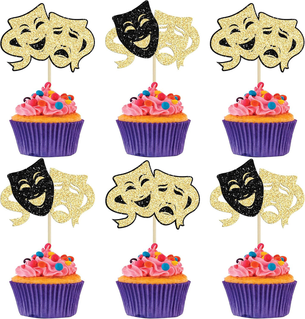 Ephlyn 24Pcs Theatrical Mask Cupcake Toppers Glitter Comedy Movie Cake Topper Decorations for Film Festival Theme Birthday Party Cake Decorations Supplies Black Gold
