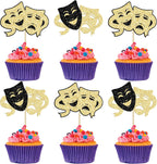 Ephlyn 24Pcs Theatrical Mask Cupcake Toppers Glitter Comedy Movie Cake Topper Decorations for Film Festival Theme Birthday Party Cake Decorations Supplies Black Gold