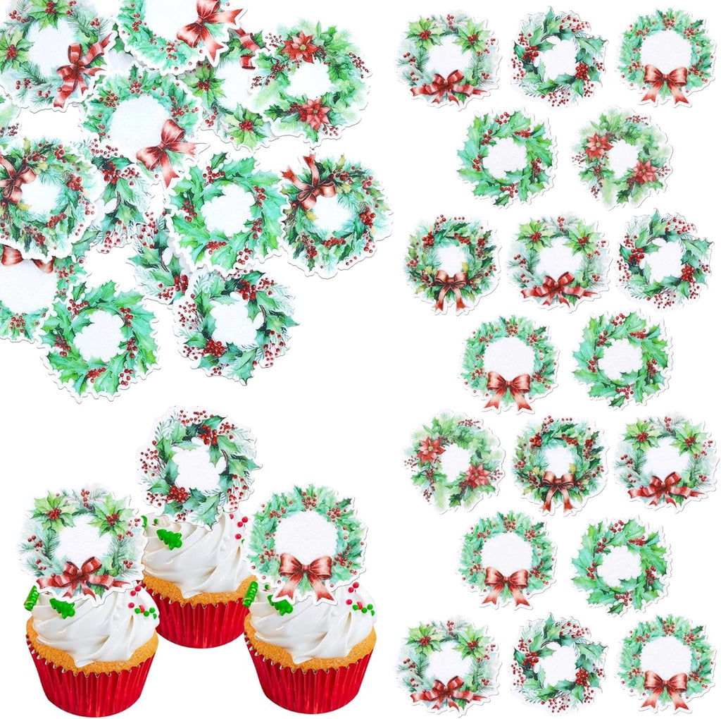 60 PCS Edible Merry Christmas Cupcake Toppers Edible Holly Leaves Berries Grass Circle Cupcake Picks Christmas Party Decorations for Xmas Theme New Year Holiday Party Cake Decorations Supplies