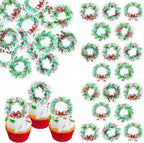 60 PCS Edible Merry Christmas Cupcake Toppers Edible Holly Leaves Berries Grass Circle Cupcake Picks Christmas Party Decorations for Xmas Theme New Year Holiday Party Cake Decorations Supplies