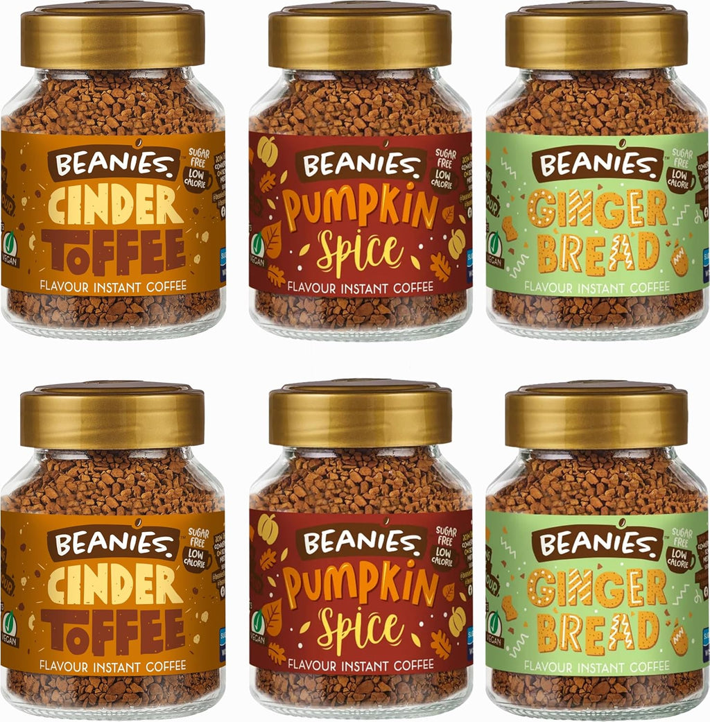 Beanies Autumn Flavoured Instant Coffee Variety Pack 300g (6 x 50g Jars) – Includes Cinder Toffee, Gingerbread & Pumpkin Spice, Sugar Free, Low Calorie, Vegan & Gluten Free, Freeze-Dried Coffee