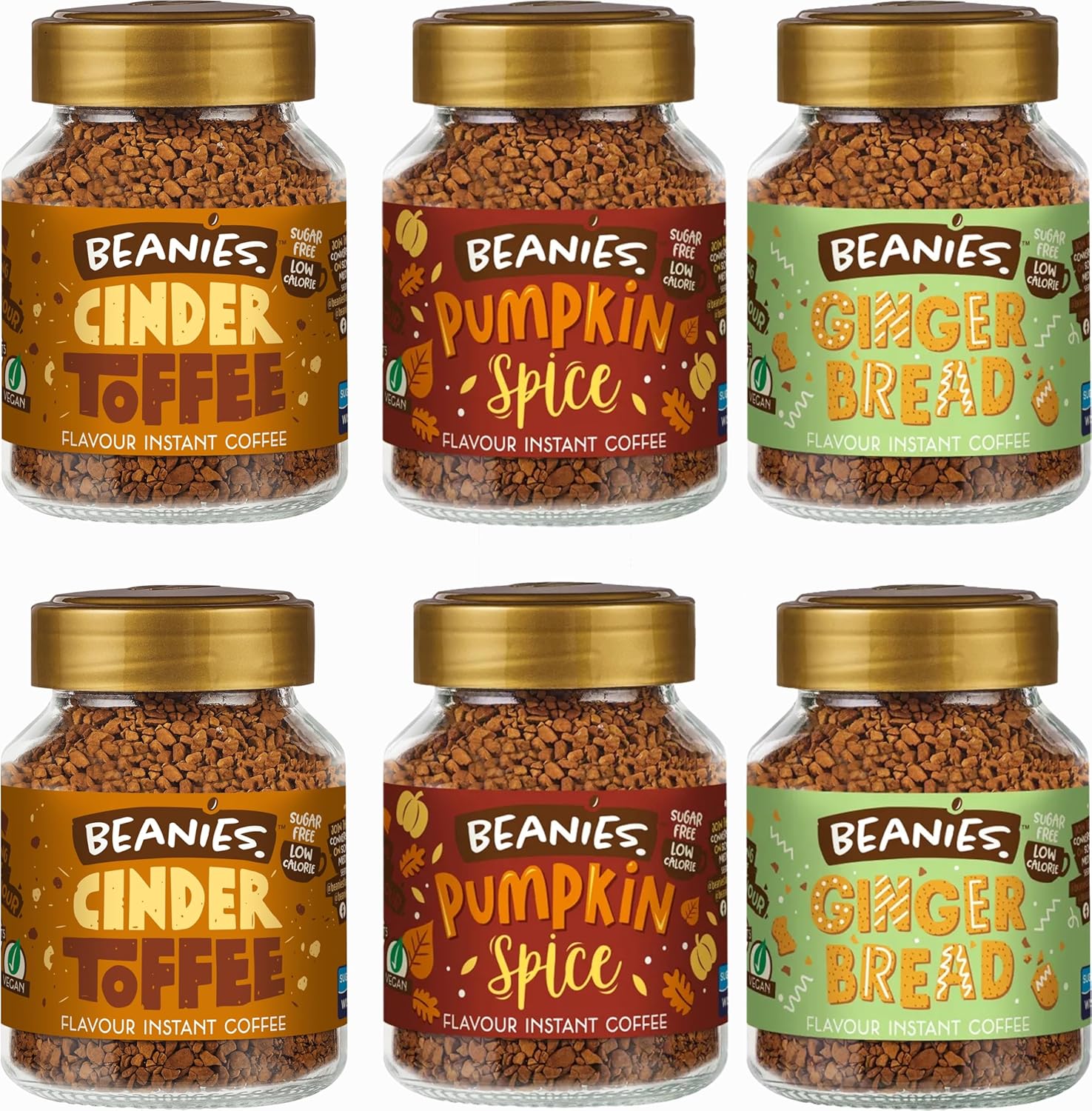 Beanies Autumn Flavoured Instant Coffee Variety Pack 300g (6 x 50g Jars) – Includes Cinder Toffee, Gingerbread & Pumpkin Spice, Sugar Free, Low Calorie, Vegan & Gluten Free, Freeze-Dried Coffee