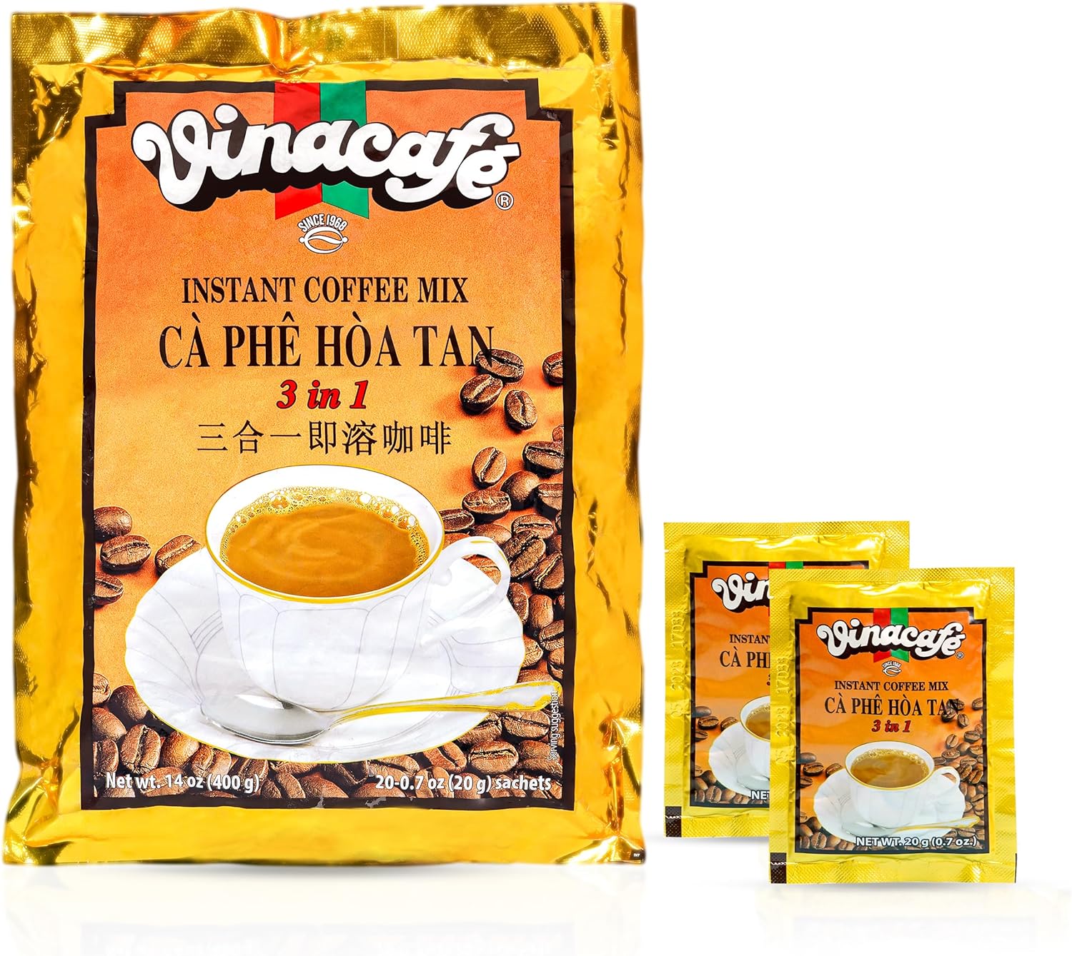 Vinacafe Instant Coffee Packets 3 in 1 Authentic Vietnamese Taste, Balanced Medium Roast Coffee Mix for Quick Preparation at Home, Office or Travel, Single Serve Sachets (Pack of 1 | 20 Sachets Per Bag)