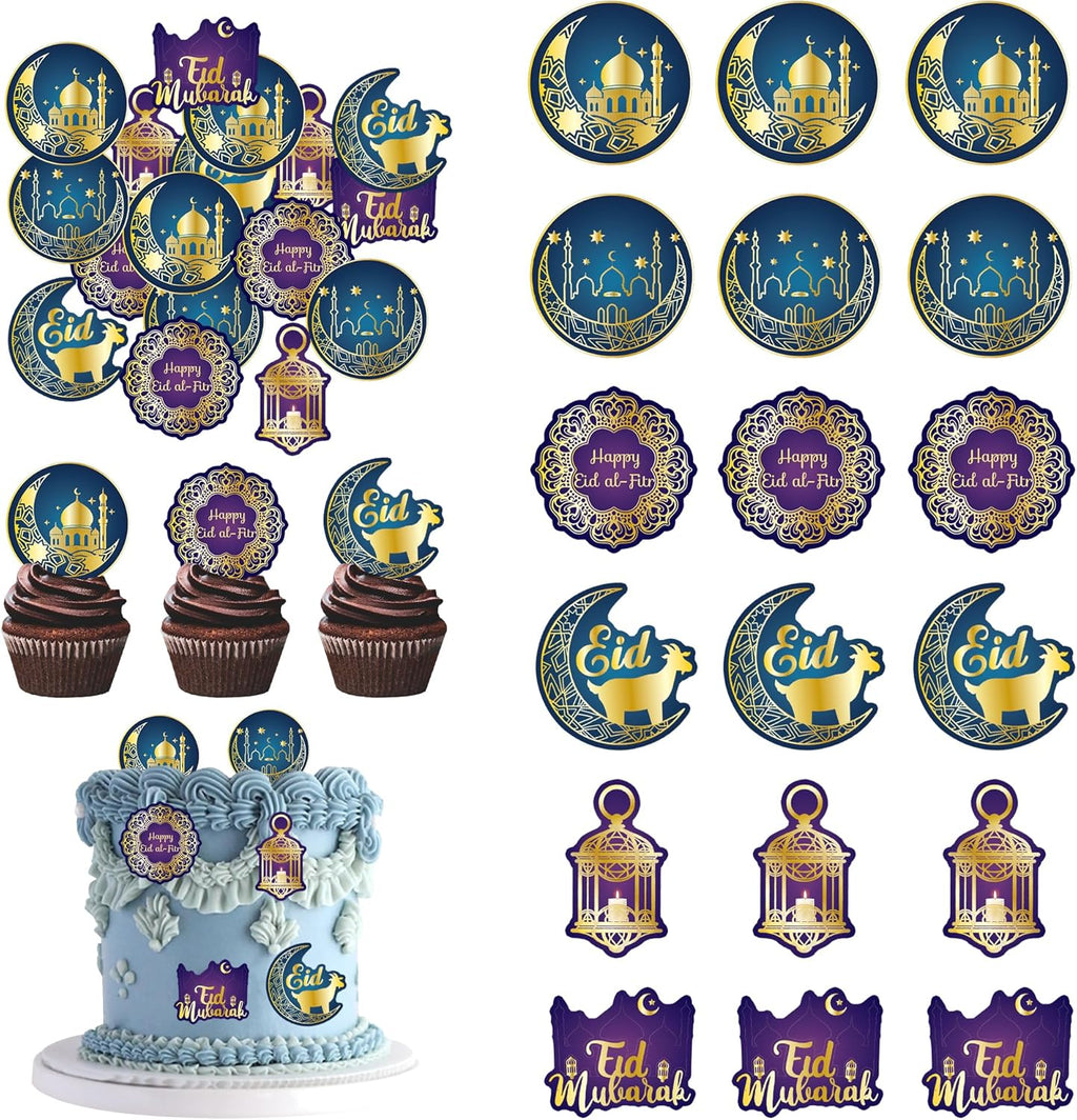 48Pcs Edible Eid Mubarak Cupcake Toppers Wafer Paper Moon Star Ramadan Kareem Cupcake Toppers for Eid Islamic Muslim Party Cake Decorations Supplies