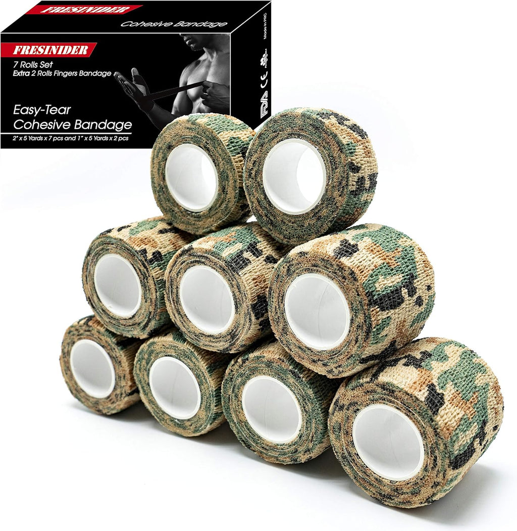 FRESINIDER 9 Rolls Self Adhesive Wrap Athletic Tape Gauze, Breathable Elastic Cohesive Bandage for Sports Injury & Pet (7 Pcs 2" x 5 Yards + 2 Pcs 1" X 5 Yards) (German Woodland Camo)