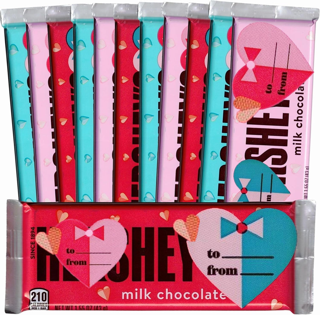 Hershey Valentine's Exchange Heart Chocolate Bars, 12 Pack, Individually Wrapped Addressable Milk Chocolate Candy Bars in Pink and Red Heart Adorned Wrapping, Snack Size 1.55 oz., Classroom and Friendship Valentine's Day Gift