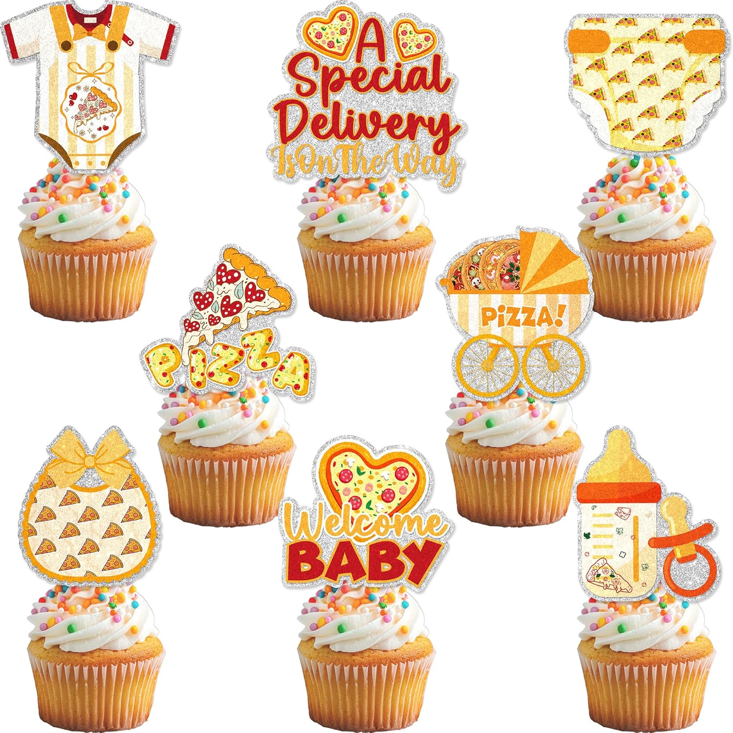 24Pcs Pizza Baby Shower Cupcake Toppers - Glitter Special Delivery Pizza Baby Shower Party Decorations for Birthday Cake Décor