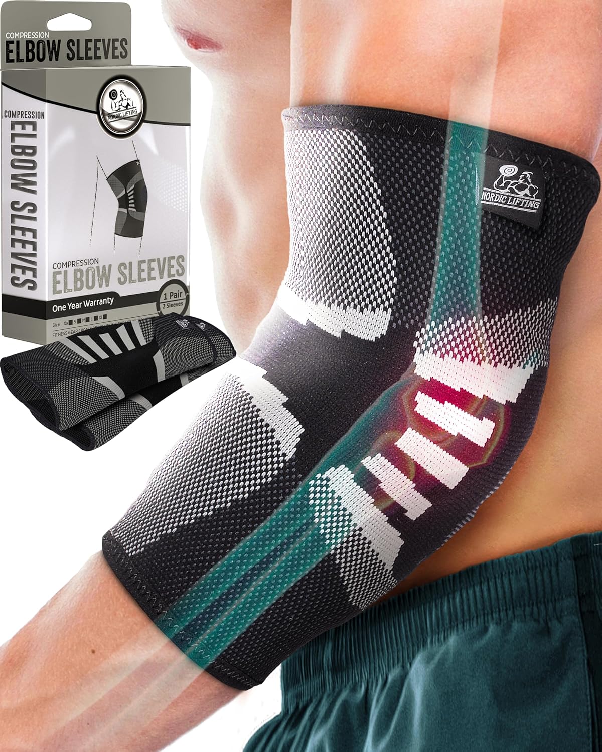 Nordic Lifting Elbow Compression Sleeves (1 Pair) - Elbow Brace for Tendonitis, Tennis & Golfers Elbow - Weightlifting Support for Men & Women - Pain Relief & Joint Recovery
