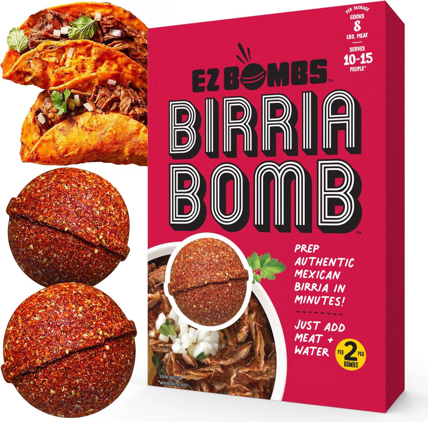 EZ Bombs Birria Bomb Seasoning, Pack of 2 – Authentic Mexican Spice Mix for Tacos, Burritos, Nachos, and Quesadillas – Made with Real Chiles, Herbs, and Spices for Quick and Flavorful Meals