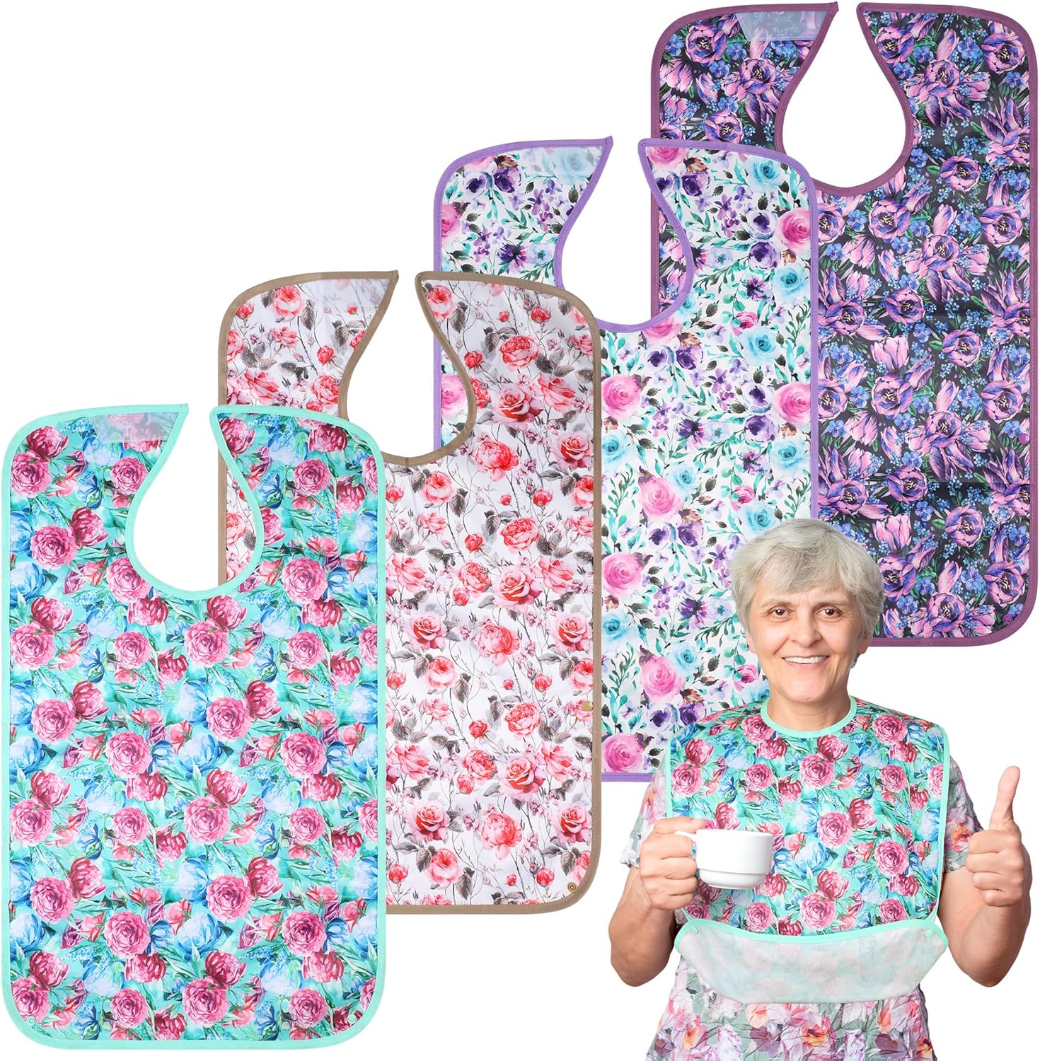 4 Pack Adult Bibs for Women, Reusable Waterproof Large Feeding Adult Bibs, Eating Cloth for Elderly Seniors and Disabled