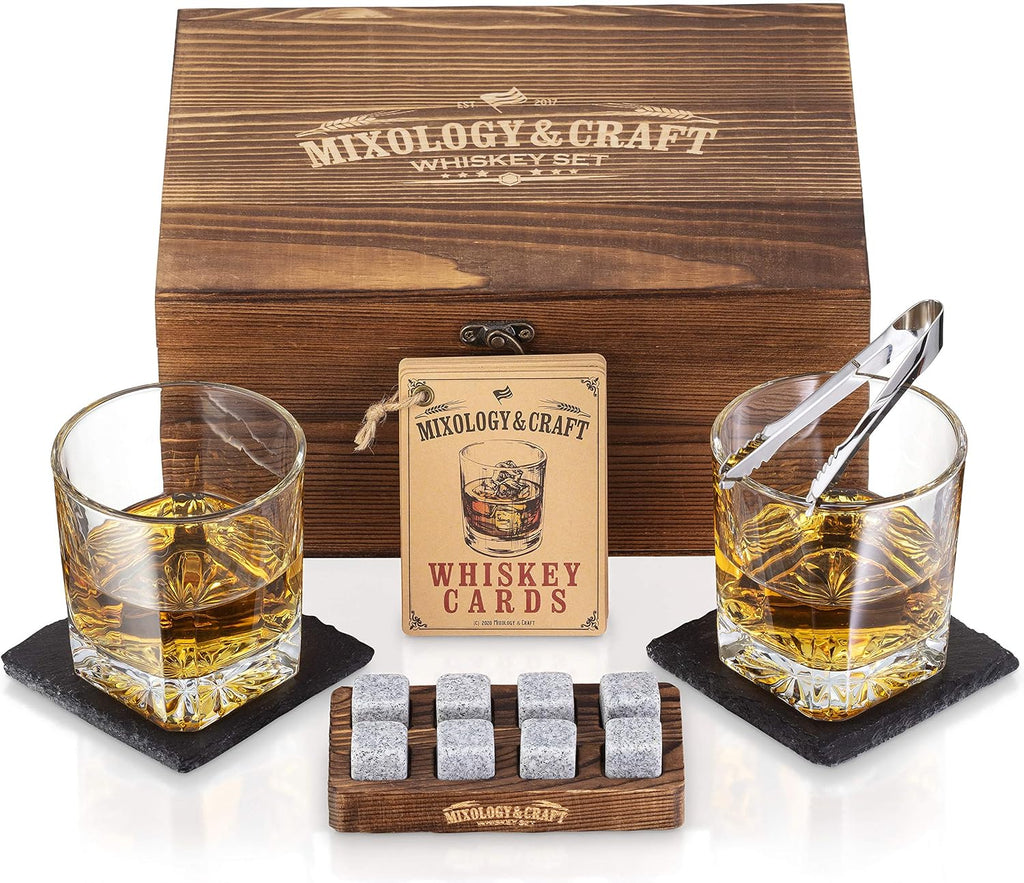 Mixology & Craft Whiskey Stones Gift Set – Includes Two 10oz Crystal Whiskey Glasses, 8 Granite Chilling Rocks, Slate Coasters, Metal Tongs, Cocktail Recipe Cards, Elegant Wooden Storage Box