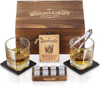 Mixology & Craft Whiskey Stones Gift Set – Includes Two 10oz Crystal Whiskey Glasses, 8 Granite Chilling Rocks, Slate Coasters, Metal Tongs, Cocktail Recipe Cards, Elegant Wooden Storage Box